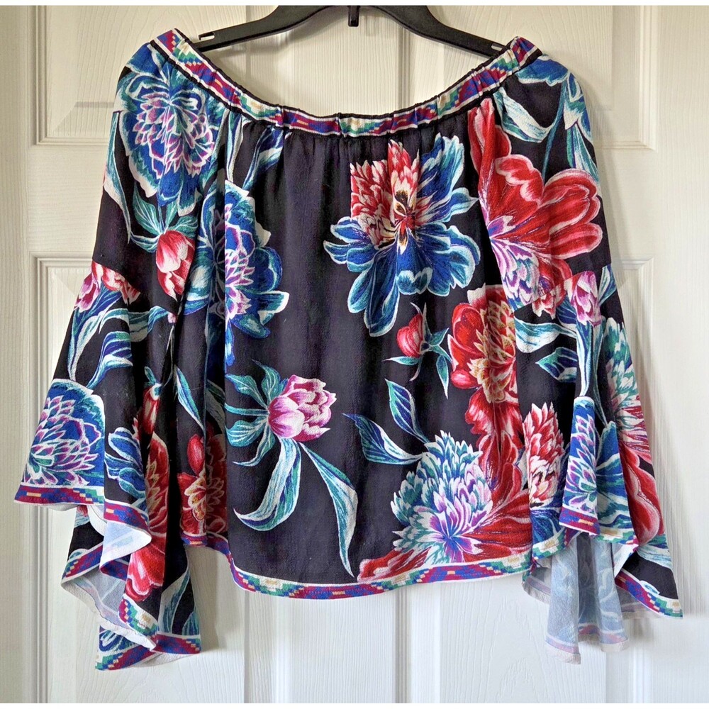 FLYING TOMATO Navy Blue Floral Off The Shoulder Crop Top Bell Sleeve Women’s S
